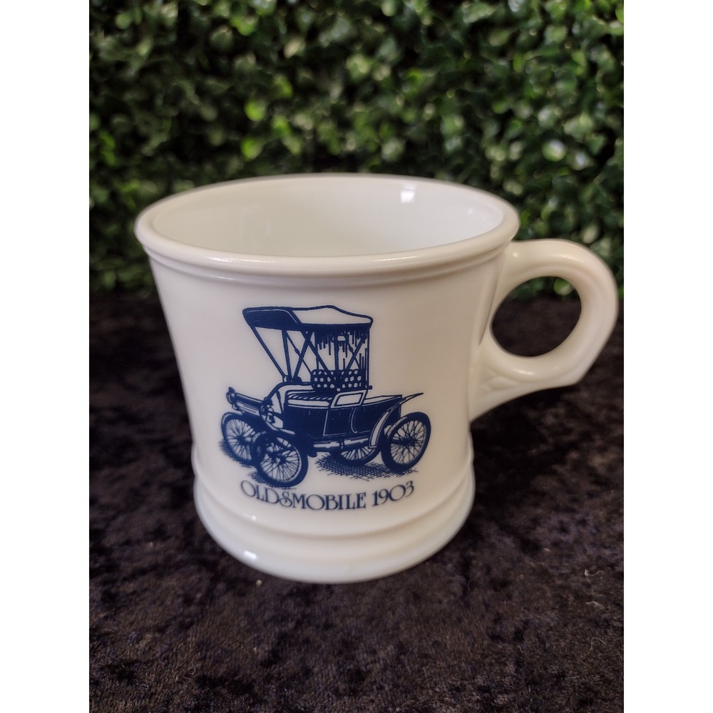 Vintage Surrey Milk Glass Shaving Mug 1903 Oldsmobile Blue Graphic Made in USA